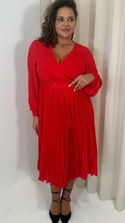 CurveWow Buckle Belt Pleated Midi Dress Red