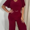 CurveWow Buckle Belt Wideleg Jumpsuit Wine