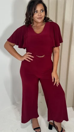 CurveWow Buckle Belt Wideleg Jumpsuit Wine