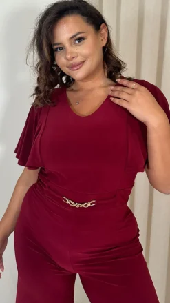 CurveWow Buckle Belt Wideleg Jumpsuit Wine