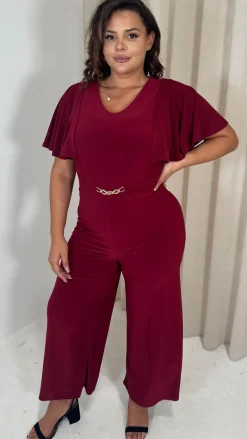CurveWow Buckle Belt Wideleg Jumpsuit Wine