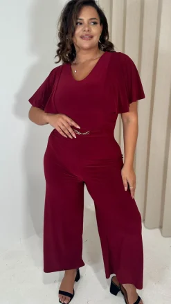 CurveWow Buckle Belt Wideleg Jumpsuit Wine