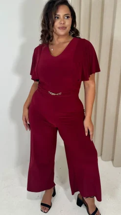 CurveWow Buckle Belt Wideleg Jumpsuit Wine