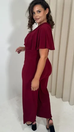 CurveWow Buckle Belt Wideleg Jumpsuit Wine
