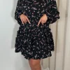 CurveWow Button Front Belted Tiered Midi Dress Black Floral