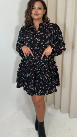 CurveWow Button Front Belted Tiered Midi Dress Black Floral