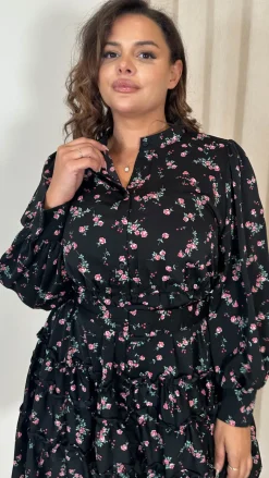 CurveWow Button Front Belted Tiered Midi Dress Black Floral