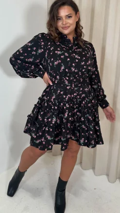CurveWow Button Front Belted Tiered Midi Dress Black Floral