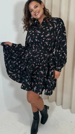 CurveWow Button Front Belted Tiered Midi Dress Black Floral