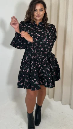 CurveWow Button Front Belted Tiered Midi Dress Black Floral