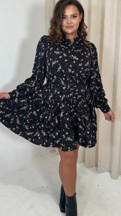 CurveWow Button Front Belted Tiered Midi Dress Black Floral