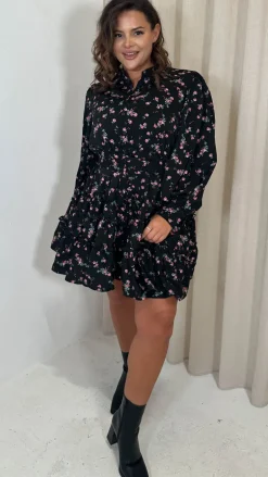 CurveWow Button Front Belted Tiered Midi Dress Black Floral