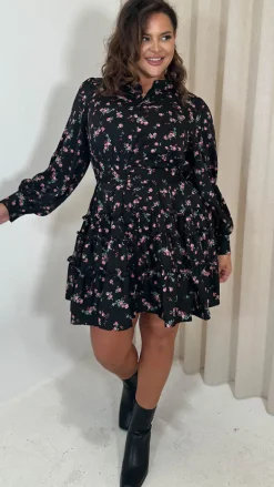 CurveWow Button Front Belted Tiered Midi Dress Black Floral