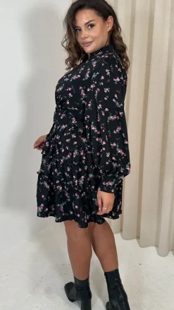 CurveWow Button Front Belted Tiered Midi Dress Black Floral