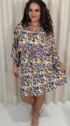 CurveWow Button Front Kimono Sleeve Dress Blue Multi Floral