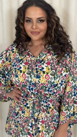 CurveWow Button Front Kimono Sleeve Dress Blue Multi Floral