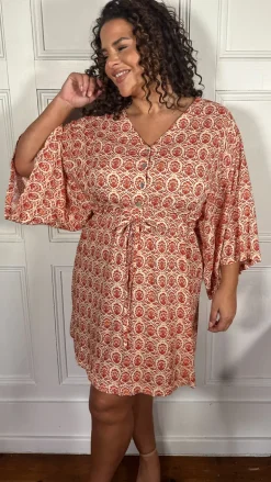 CurveWow Button Front Kimono Sleeve Dress Multi Floral