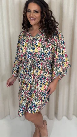 CurveWow Button Front Kimono Sleeve Dress Blue Multi Floral
