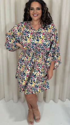 CurveWow Button Front Kimono Sleeve Dress Blue Multi Floral