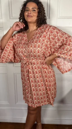 CurveWow Button Front Kimono Sleeve Dress Multi Floral
