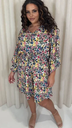 CurveWow Button Front Kimono Sleeve Dress Blue Multi Floral