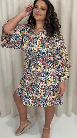 CurveWow Button Front Kimono Sleeve Dress Blue Multi Floral