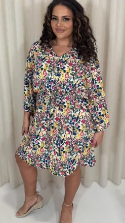 CurveWow Button Front Kimono Sleeve Dress Blue Multi Floral