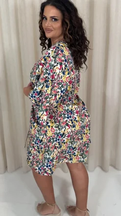 CurveWow Button Front Kimono Sleeve Dress Blue Multi Floral