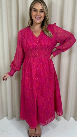CurveWow Button Front Maxi Dress Magenta Floral