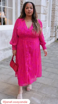 CurveWow Button Front Maxi Dress Magenta Floral