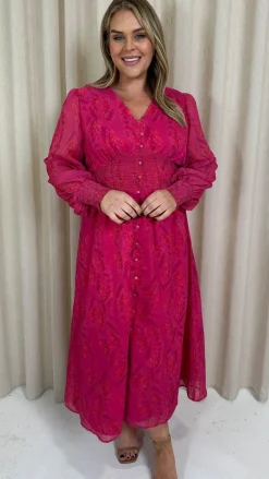 CurveWow Button Front Maxi Dress Magenta Floral