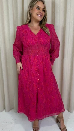 CurveWow Button Front Maxi Dress Magenta Floral