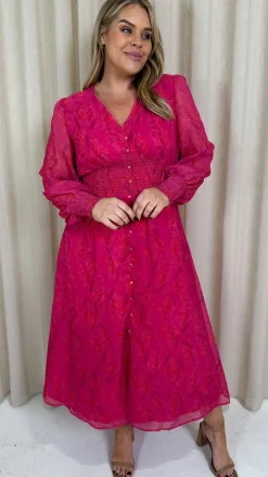 CurveWow Button Front Maxi Dress Magenta Floral