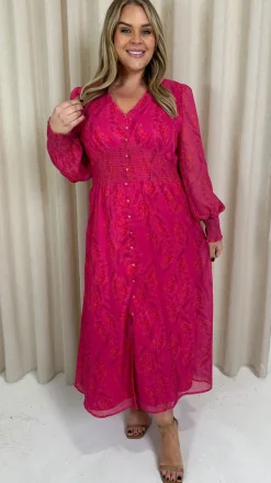 CurveWow Button Front Maxi Dress Magenta Floral