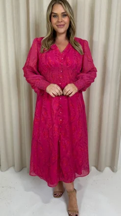 CurveWow Button Front Maxi Dress Magenta Floral