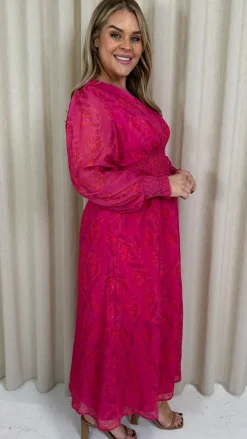 CurveWow Button Front Maxi Dress Magenta Floral