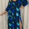 CurveWow Button Front Midi Dress Blue Brush Stroke