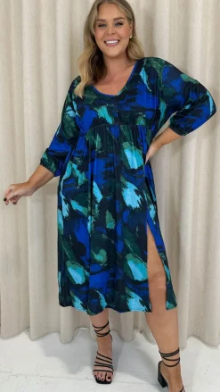 CurveWow Button Front Midi Dress Blue Brush Stroke