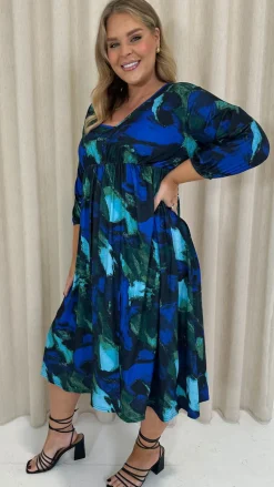 CurveWow Button Front Midi Dress Blue Brush Stroke