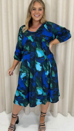 CurveWow Button Front Midi Dress Blue Brush Stroke