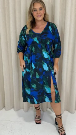 CurveWow Button Front Midi Dress Blue Brush Stroke