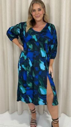 CurveWow Button Front Midi Dress Blue Brush Stroke