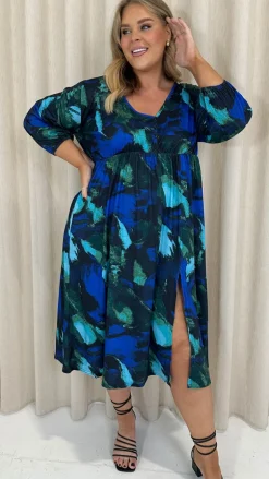 CurveWow Button Front Midi Dress Blue Brush Stroke