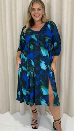 CurveWow Button Front Midi Dress Blue Brush Stroke