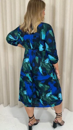 CurveWow Button Front Midi Dress Blue Brush Stroke