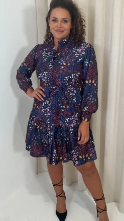 CurveWow Button Front Mini Dress Patchwork Floral