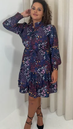 CurveWow Button Front Mini Dress Patchwork Floral