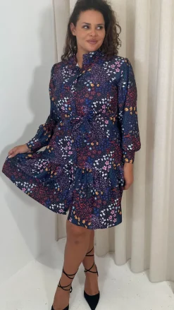 CurveWow Button Front Mini Dress Patchwork Floral