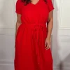 CurveWow Button Front Ocean Crepe Maxi Dress Red