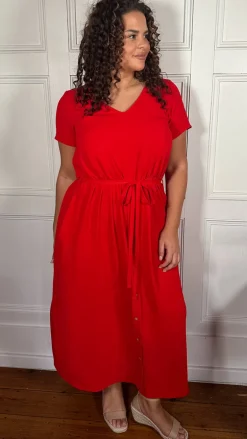 CurveWow Button Front Ocean Crepe Maxi Dress Red